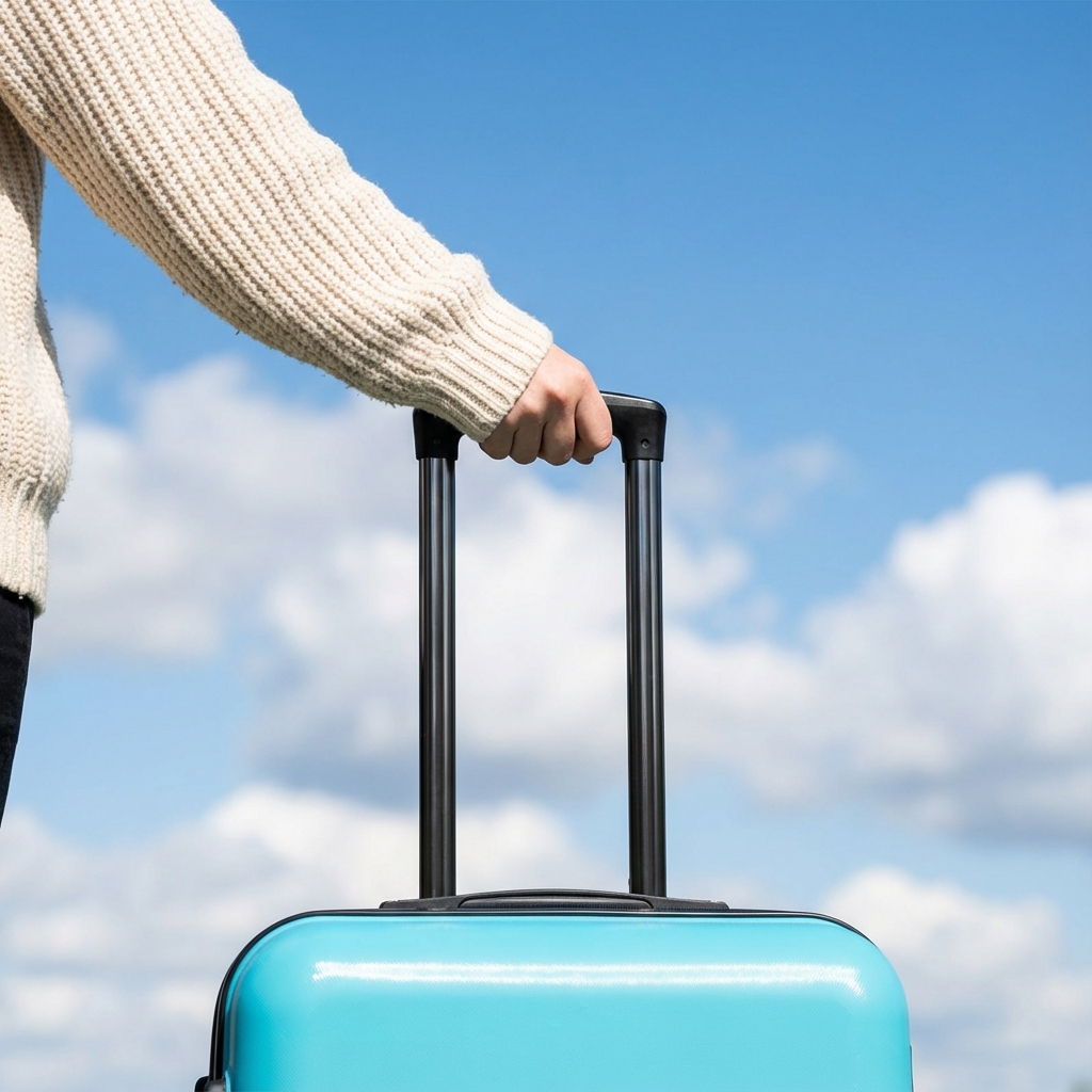 Hand holding turquoise suitcase against blue sky